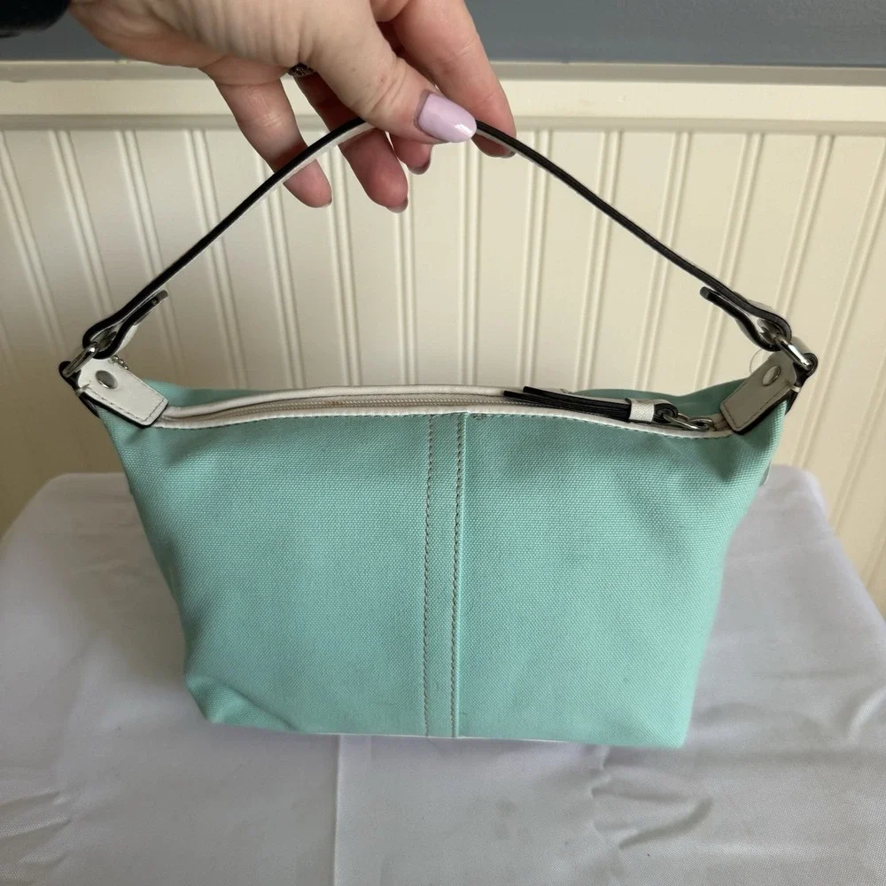 Vintage Coach Y2K Blue White Canvas Leather Signature Stripe Mini Hobo Ban Purse